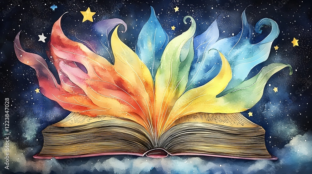 Poster Vibrant gradient background with swirling colorful book themed elements creating a playful and dreamy environment that inspires imagination creativity and a love for reading and learning