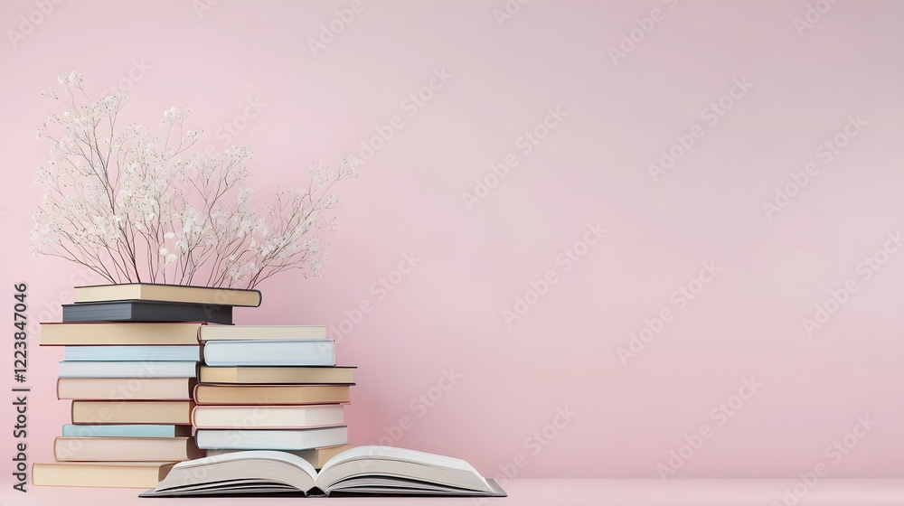 Aufkleber neatly stacked textbooks with an open notebook placed on a soft pink background capturing the essenc