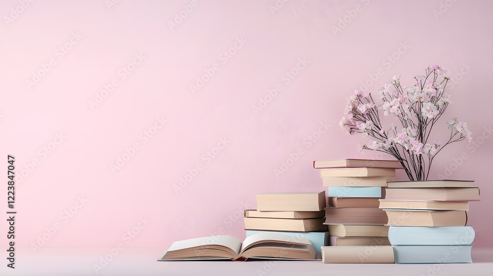 Poster aesthetically pleasing arrangement of textbooks and open notebook on a soft pink background capturin