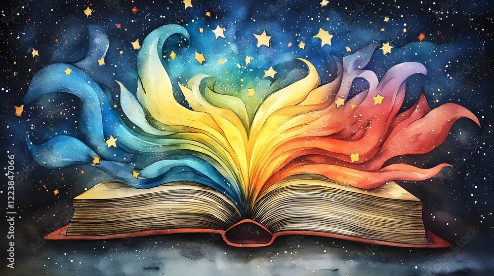 Poster Vibrant and whimsical gradient design with swirling book themed elements lines and abstract textures creating a dreamlike and energetic environment to inspire a love for reading learning