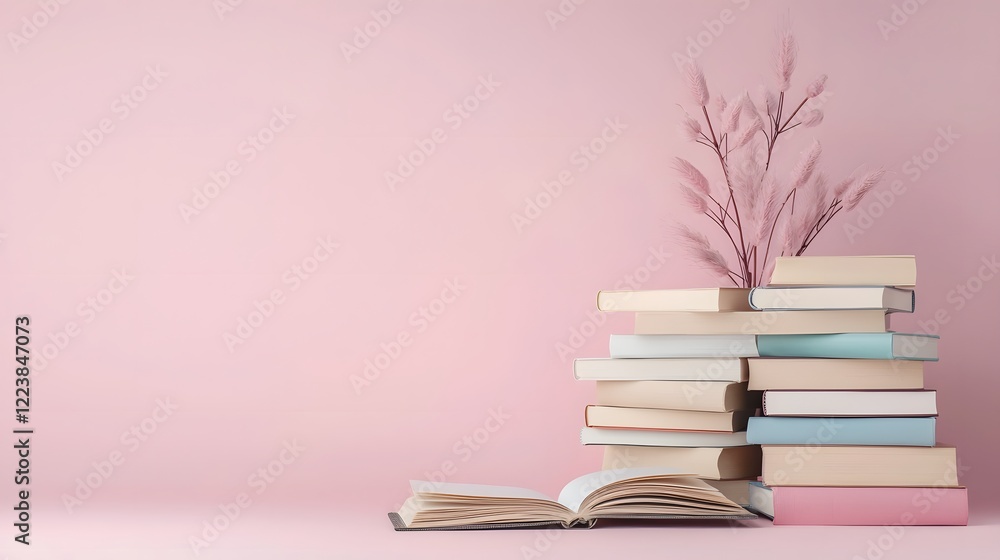 Aufkleber A neatly arranged stack of textbooks and an open notebook placed on a vibrant pink background capturing the essence of education knowledge and the pursuit of lifelong learning