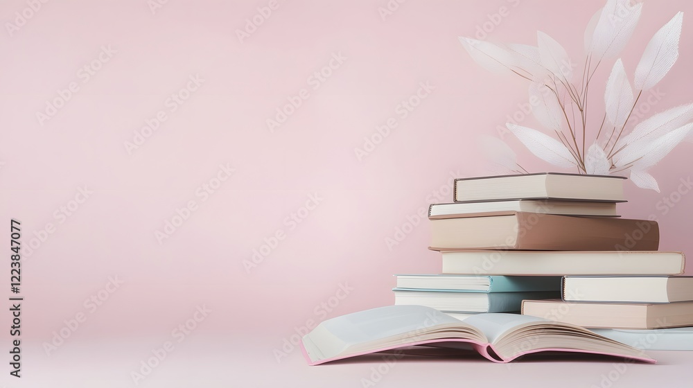 Poster a beautifully arranged pile of textbooks with an open notebook placed on a soft pink background capt