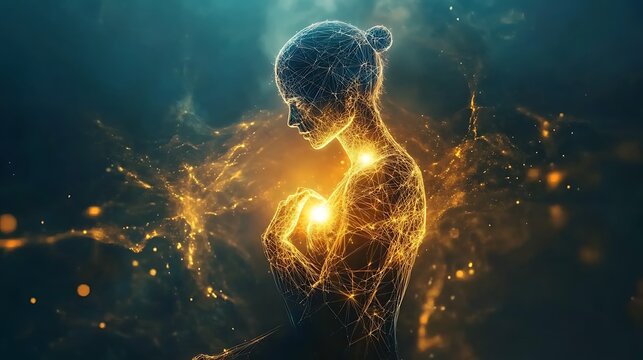 Woman meditating, inner peace, cosmic background, spiritual wellbeing, mindfulness art