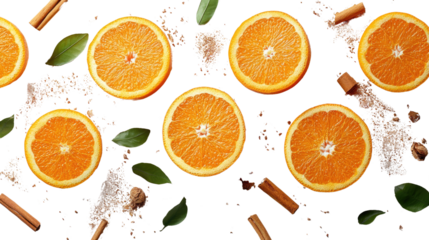 Citrus Spice Flatlay: A vibrant flat lay showcasing juicy orange slices, aromatic cinnamon sticks, and fragrant green leaves, arranged in a visually appealing pattern.