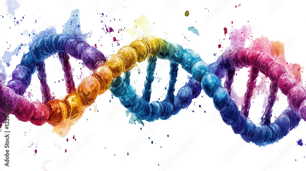 Poster rainbow dna: a vibrant and abstract representation of the double helix of dna, rendered in a spectru
