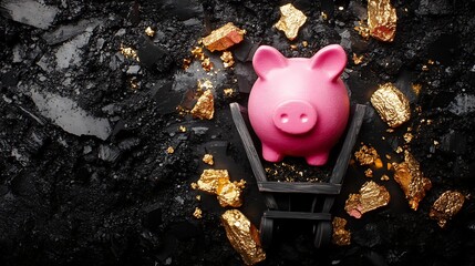 Piggy bank in mine cart amidst gold & coal.  Financial savings concept