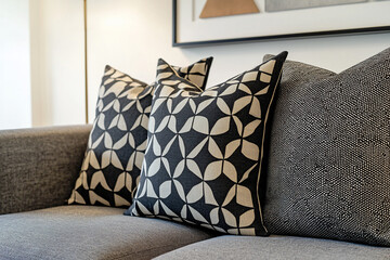 Stylish living room with patterned cushions on a modern sofa, showcasing a minimalist design aesthetic