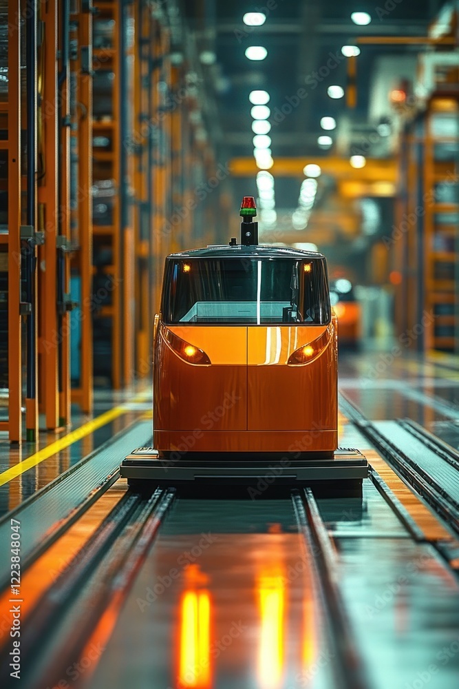 Aufkleber hyper-realistic automated guided vehicles in a vibrant warehouse scene with dynamic lighting and tra
