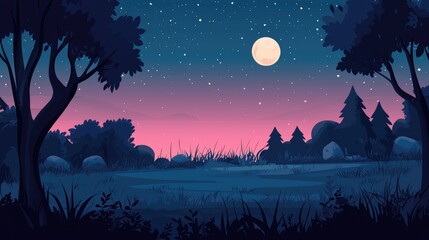 Naklejka premium Nighttime Forest with Full Moon and Starry Sky