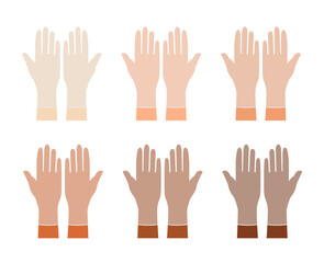 Set of rubber Gloves on different nationalities hands accessory clothing technical illustration garment. Vector front palm back view for Men, women, unisex flat template mockup cartoon style