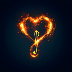 A heart-shaped musical note design glowing against a dark background