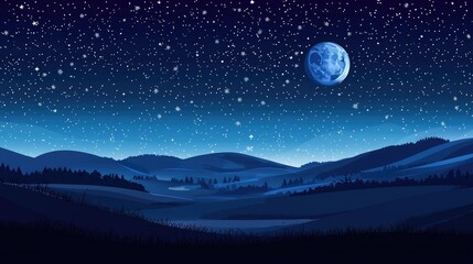 Fototapeta premium Night Sky with Stars, Moon, and Silhouette of Rolling Hills