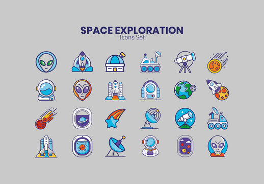 Blue And Purple Astronomy Exploration Space Icons Set
