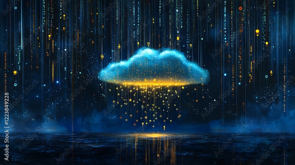 Poster cloud of data with colorful strings falling down
