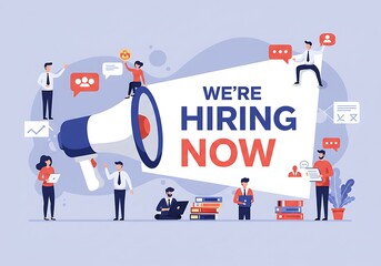 We hiring now banner job offer vector background. Hiring promotion megaphone employee illustration
