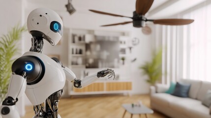A humanoid robot adjusting a modern ceiling fan in a stylish living room, focusing on the robot’s adjustment actions and clean surroundings, Practical style