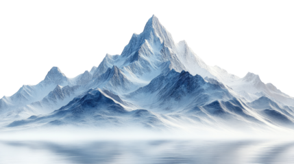 Snowy Peak Majesty: A majestic, snow-capped mountain peak rises dramatically from the mist, its rugged beauty and icy grandeur captivating the eye in a scene of awe-inspiring natural power.  