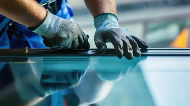 A close-up of a glazier fitting a large glass pane into a window frame, with suction cups and safety gear visible, Glass installation scene