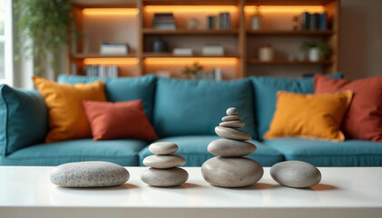 Serene Stacked Stones on Coffee Table in Modern Living Room