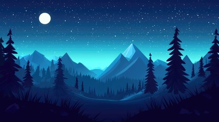 Naklejka premium Silhouetted Pine Trees and Mountains Under a Starry Night Sky