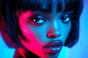 Fototapeta premium Commercial marketing conceptual art. Lovely calm black girl - for ads, media and social apps use. Short trim - straight hair. Black girl fashion portrait. African american model concept.