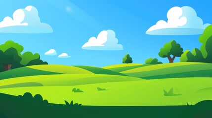 Obraz premium Cartoon illustration of a green field with trees and clouds against a blue sky