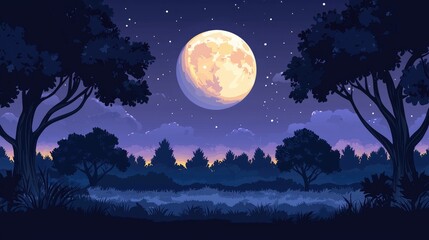 Naklejka premium A Full Moon Over a Silhouetted Forest at Night