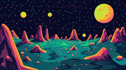 A Vibrant, Abstract Landscape with Mountains and Planets Under a Starry Sky
