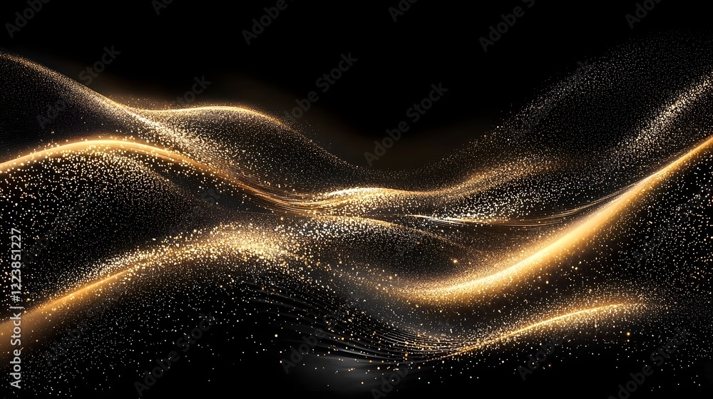 Leinwandbilder Elegant golden shimmer particles swirling in a mesmerizing wave pattern on a dark black background creating a luxurious and captivating aesthetic that enchants the senses