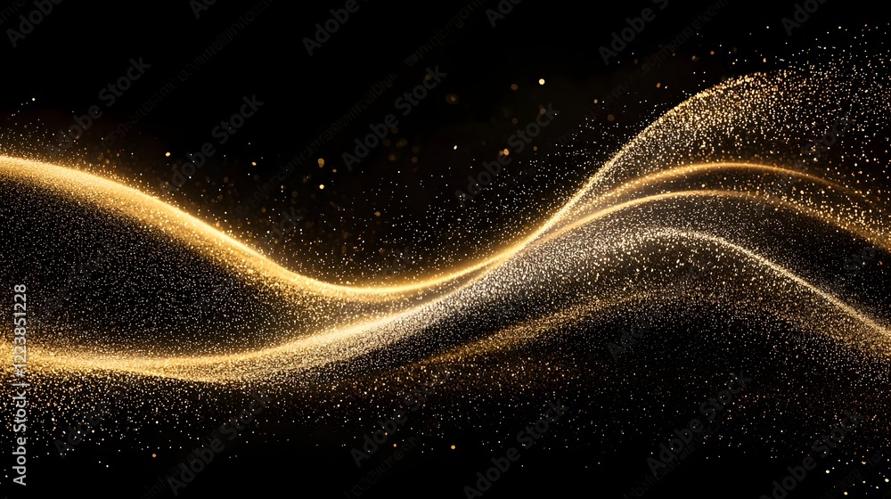 Poster Elegant golden shimmer particles swirling in a mesmerizing wave pattern on a dark black background creating a luxurious and festive aesthetic with a sense of motion and energy