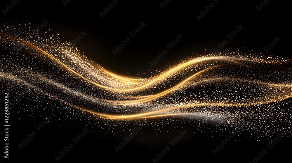Poster dazzling gold glitter wave spreading across a dark background with a mesmerizing glowing shimmer eff