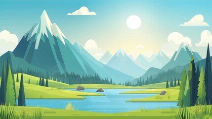 Naklejka premium Serene Mountain Landscape with River and Forest