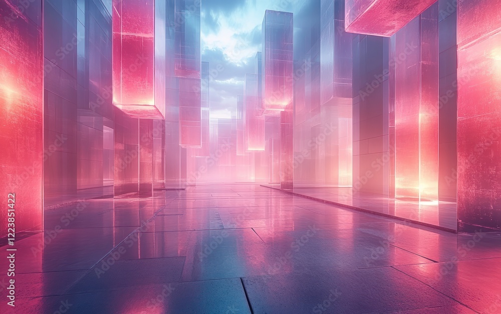 Poster abstract geometry with floating translucent squares and gradient lighting