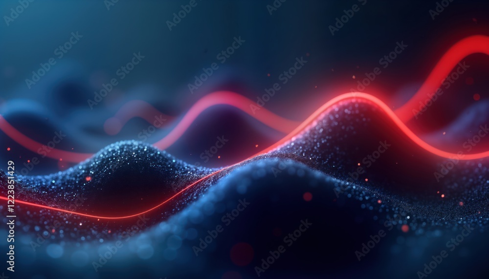 Poster Abstract dark blue background. Luminous red lines, shapes create flowing patterns. Dynamic glowing design. Futuristic tech illustration. Suitable for tech posters, presentations, websites, creative