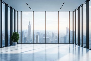 Fototapeta premium Minimalist Office Interior with Large Glass Windows and Cityscape Reflections in Sunny Spacious Hall