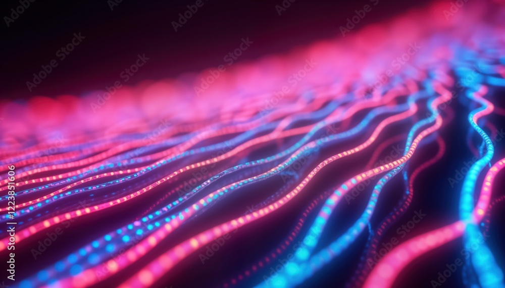 Poster Abstract neon fiber optic cables move dynamically against dark backdrop. Multicolored lights create vibrant patterns. High speed motion. Futuristic, energetic visual effect. Tech design. Illuminating