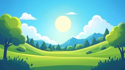 Obraz premium A Cartoon Landscape with Blue Mountains, Green Trees, and a Bright Sun