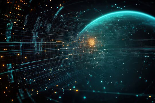 Futuristic Digital Globe with Interconnected Hexagons and Teal Glowing Patterns in Cyberpunk Style