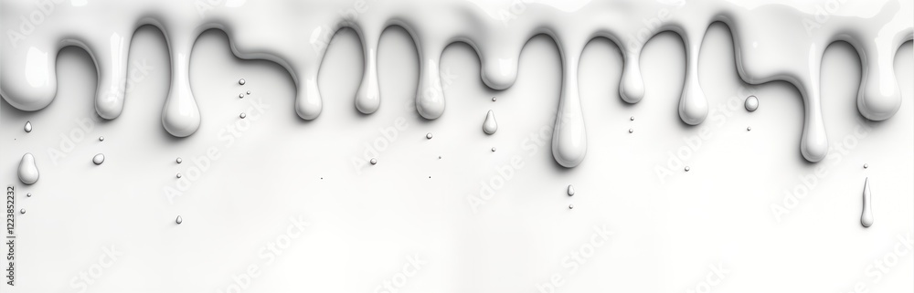 Poster Abstract dripping white liquid forms header. Liquid drops, spills create dynamic effect. Fluid motion implied in smooth shapes. Modern graphic design with minimalist style. Suitable for science,