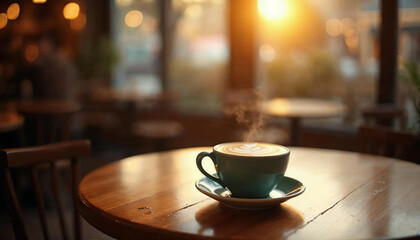 Warm Latte Coffee in Cozy Cafe Sunset