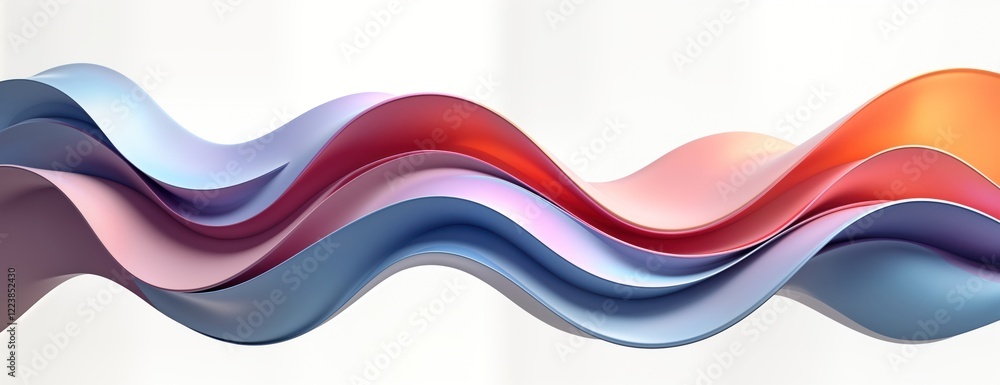 Poster Abstract 3D wave design with vibrant colors. Multicolored flowing metallic forms create dynamic, elegant visual effect. Smooth curves, glossy surface give luxurious feel. Modern, futuristic
