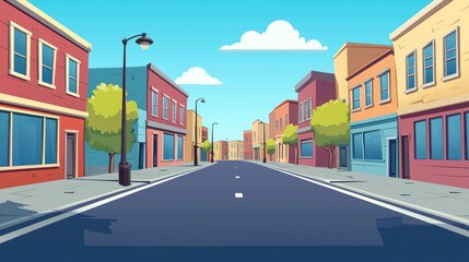Fototapeta premium Cartoon City Street with Colorful Buildings and Streetlights