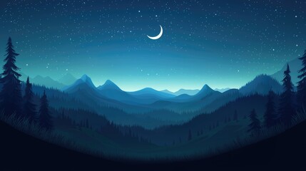 Obraz premium Nighttime Landscape with Crescent Moon and Starry Sky Over Silhouetted Mountains and Trees