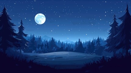 Naklejka premium Nighttime Forest Scene with Full Moon and Stars