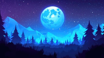 Fototapeta premium A Full Moon Shining Over A Silhouetted Forest Against A Starry Night Sky