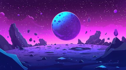 A vibrant purple and blue alien planet with a large moon, scattered rocks, and a starry sky.
