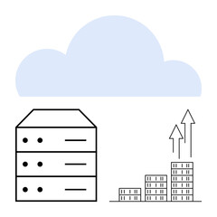 Cloud above server with stacked blocks and upward arrows representing data storage, scalability, and growth. Ideal for cloud computing, data management, performance tracking, technology, analytics