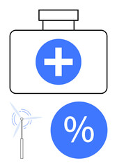 Medical kit with blue cross, wind turbine generating energy, and blue percentage symbol represent healthcare cost savings, renewable energy. Ideal for health economy, sustainability, energy