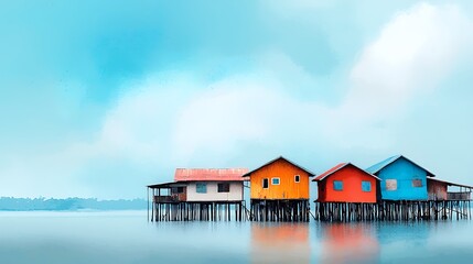 Colorful Stilt Houses Above Calm Water Surface