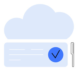 Cloud, document with lines, check mark in a blue circle, and a pen. Ideal for digital storage, data safety, documentation, cloud services secure transactions validation e-signatures. Line metaphor
